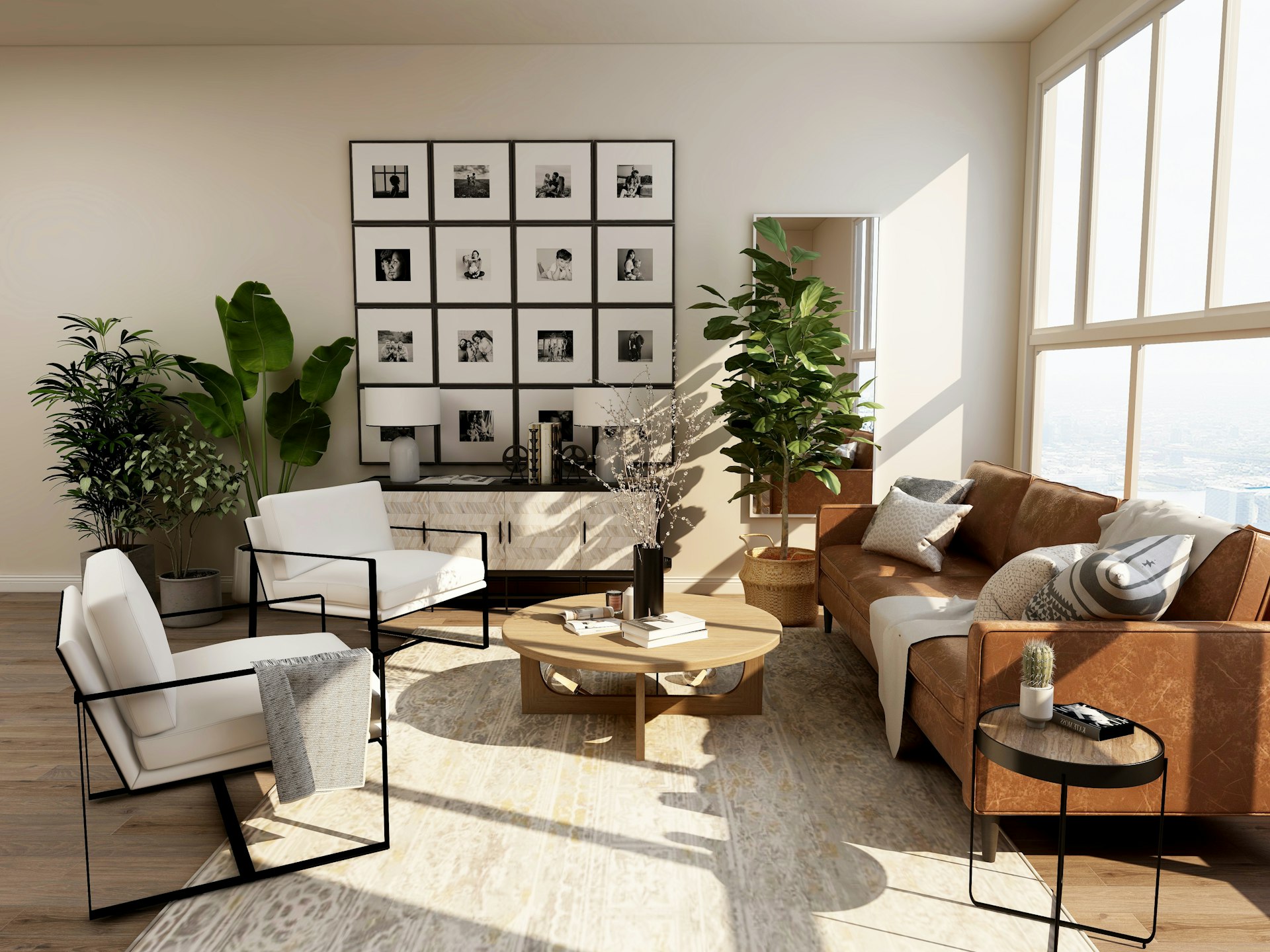 An illustrative sunlit living room with natural oak, soft linen and sculptural ceramics